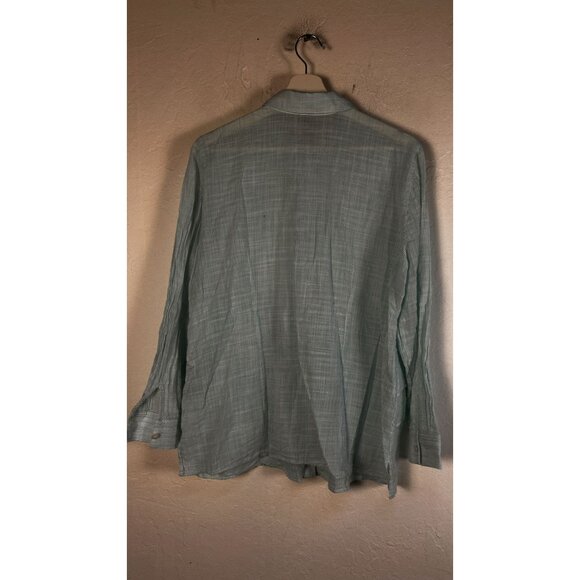 Chico's Blue Striped Button-Up Ruffle Tunic Top Shirt Size 2 Cotton Long Sleeve - Picture 2 of 9